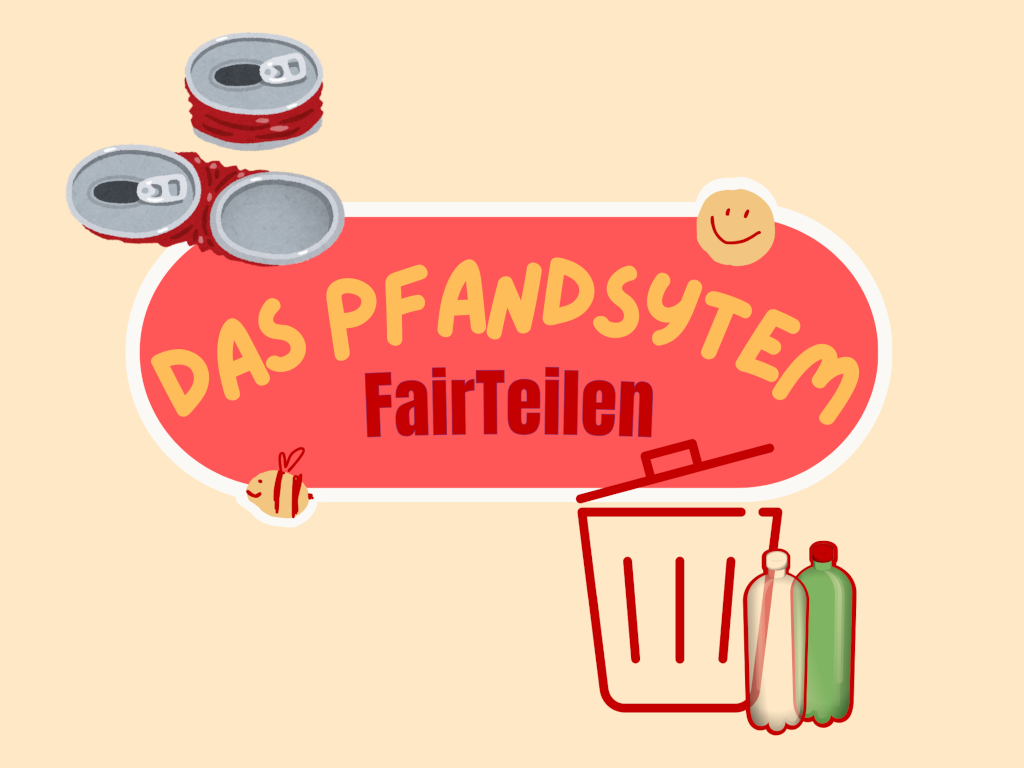 Ein Logo mit der Beschriftung "Das Pfandsystem FairTeilen" und Symbolen für Flaschen, Dosen und Abfallbehälter.
