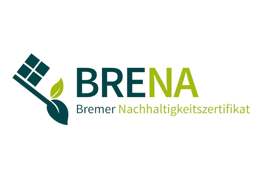 Logo: Ein Bremer Schlüssel mit grünen Blättern Schrift: BRENA Nachhaltigkeitszertifikat