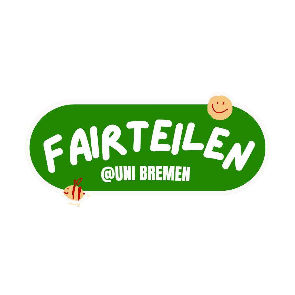Das Logo. Schriftzug "Fairteilen @UniBremen" mit einer Biene und einem Smiley