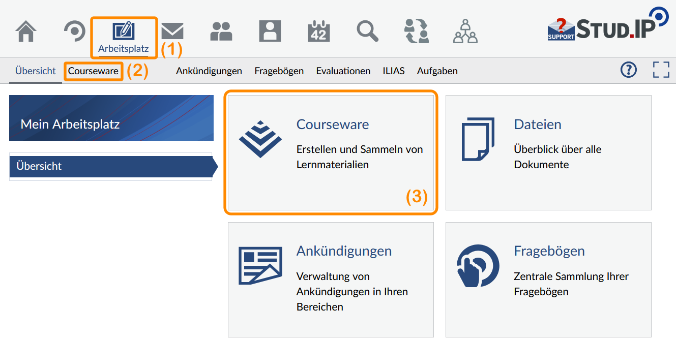 Bild: Courseware über den Arbeitsplatz aktivieren.