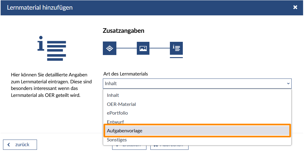 Art des Lernmaterials auswählen