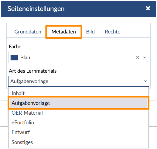 Aufgabenvorlagen nachträglich über Seiteneinstellungen -> Metadaten erstellen