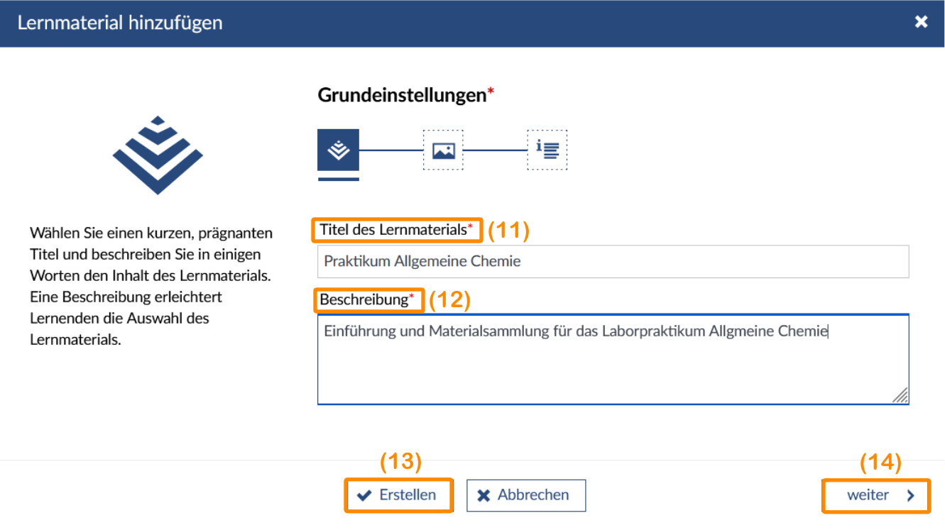 Courseware neu anlegen, Titel und Beschreibung einfügen, weitere Eigenschaften eingeben oder erstellen. 