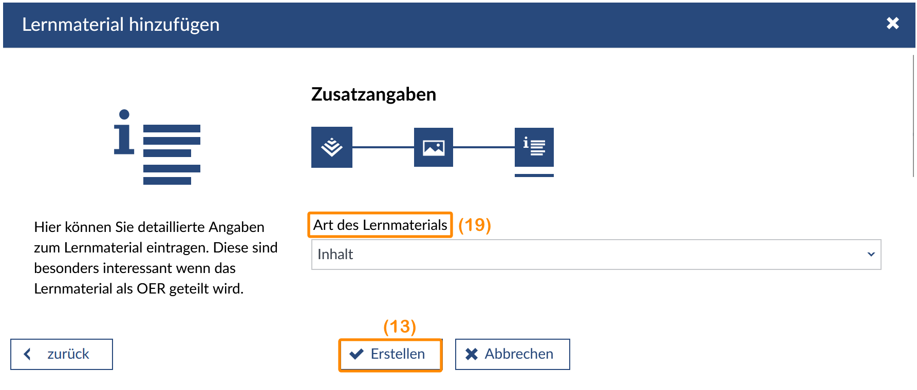 Weitere Zusatzangaben über die Art des Lernmaterials machen.