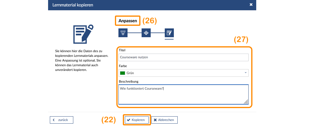 Bild: Bestehendes Lernmaterial kopieren, Eigenschaften