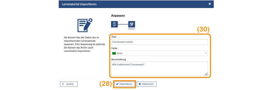 Bild: Lernmaterialien importieren und Titel, Beschreibung und Farbe ändern.