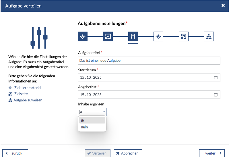 Eingabe des Aufgabentitels und der Abgabefrist