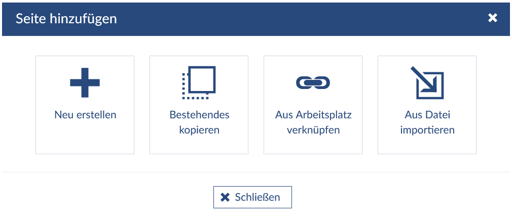 Bild: Seite hinzufügen, Neu erstellen, Bestehendes kopieren, aus Arbeitsplatz verknüpfen, aus Datei importieren
