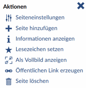 Bild: Auswahl der Aktionen für Seiten auf dem Arbeitsplatz.