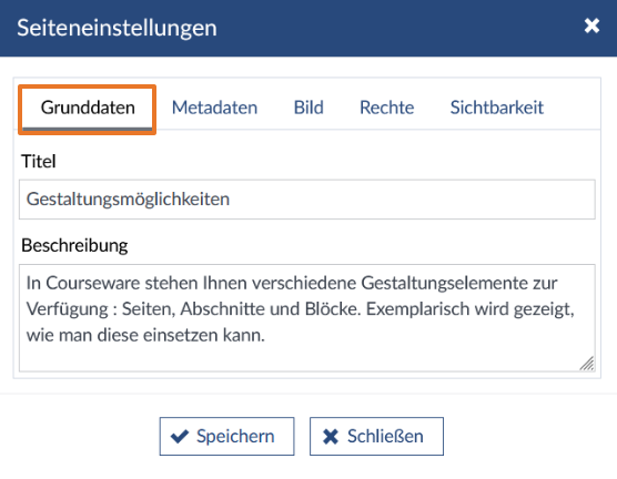 Bild: Fenster mit den Seiteneinstellungen mit den Grunddaten, Metadaten, Bild, Rechte und Sichtbarkeit