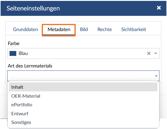 Bild: In den Seiteneinstellungen können unter Metadaten Farbe und Art des Lernmaterials eingestellt werden.
