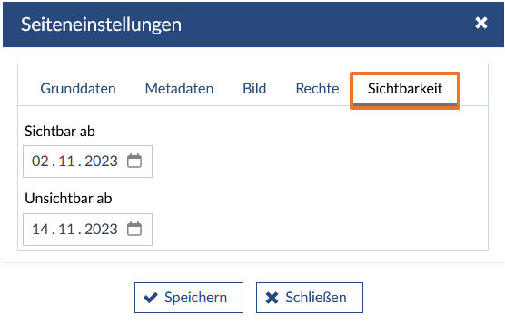 Bild: Seiteneinstellungen Sichtbarkeit