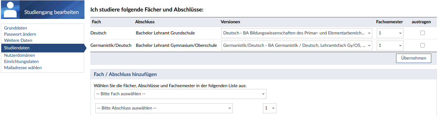 Studienfach auswählen