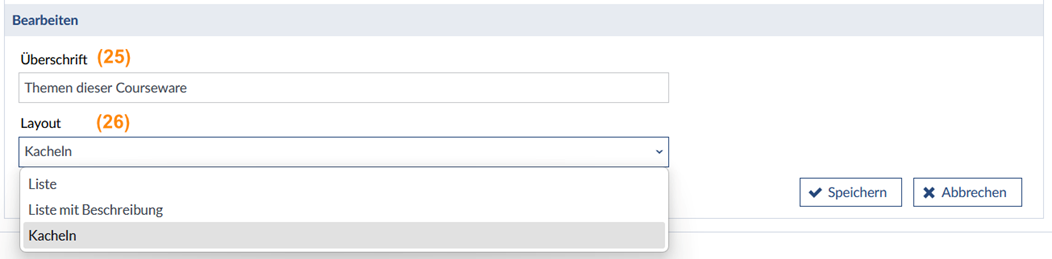 Bild: Auswahl des Formats des Inhaltsverzeichnisses, Liste, Liste mit Beschreibung und Kacheln