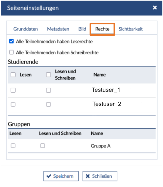 Bild: Seiteneinstellungen Rechte