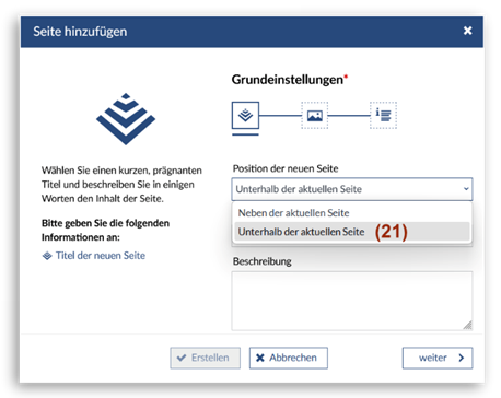 Bild: (Unter)seiten anlegen. Seiten können unterhalb und nebeneinander angelegt werden.