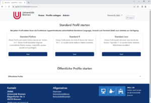 Startseite von Jupyter und Auswahl von Profilen Python, R oder Java