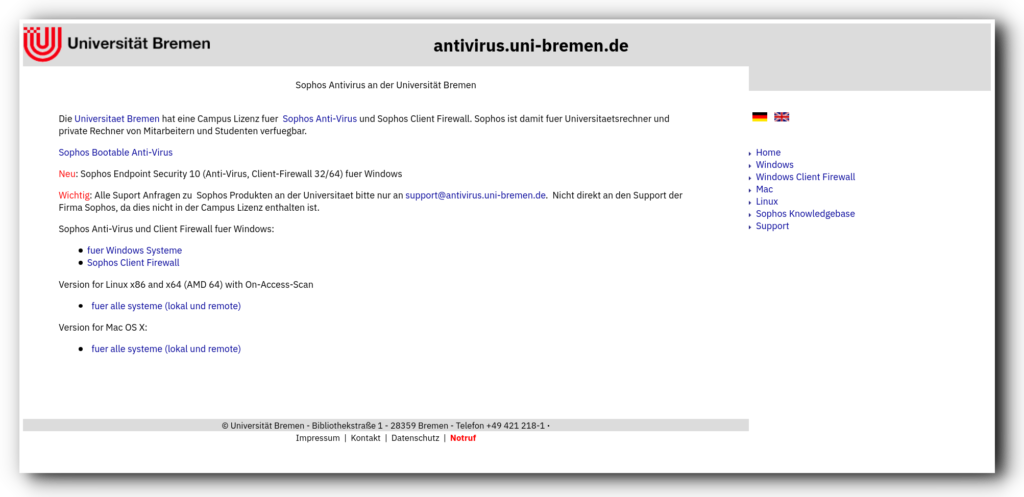 Screenshot der Webseite zu Sophos Antivirus der Uni Bremen