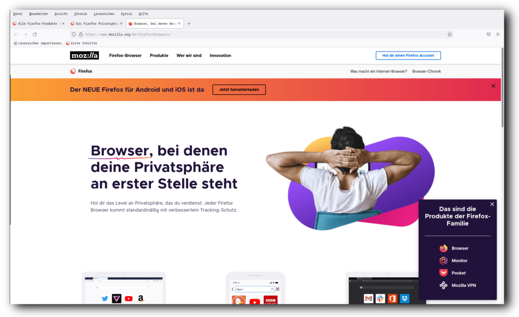 Webseite des Browsers Firefox von der Mozilla Foundation