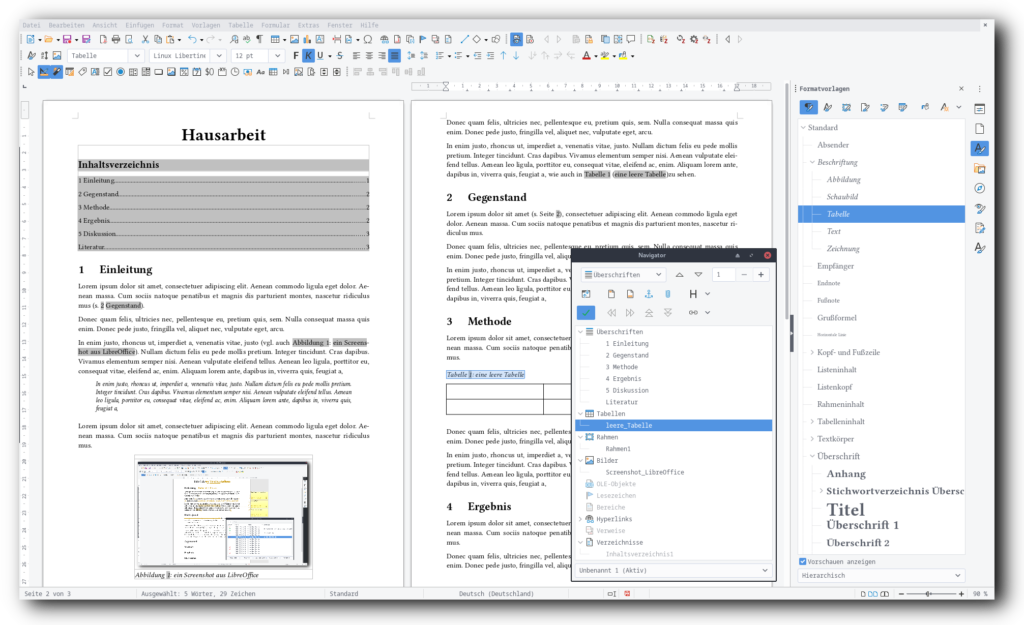 Screenshot von LibreOffice Writer: ein Dokument mit einigen Querverweisen, Tabellen und Grafiken um Formatvorlagen zu illustrieren