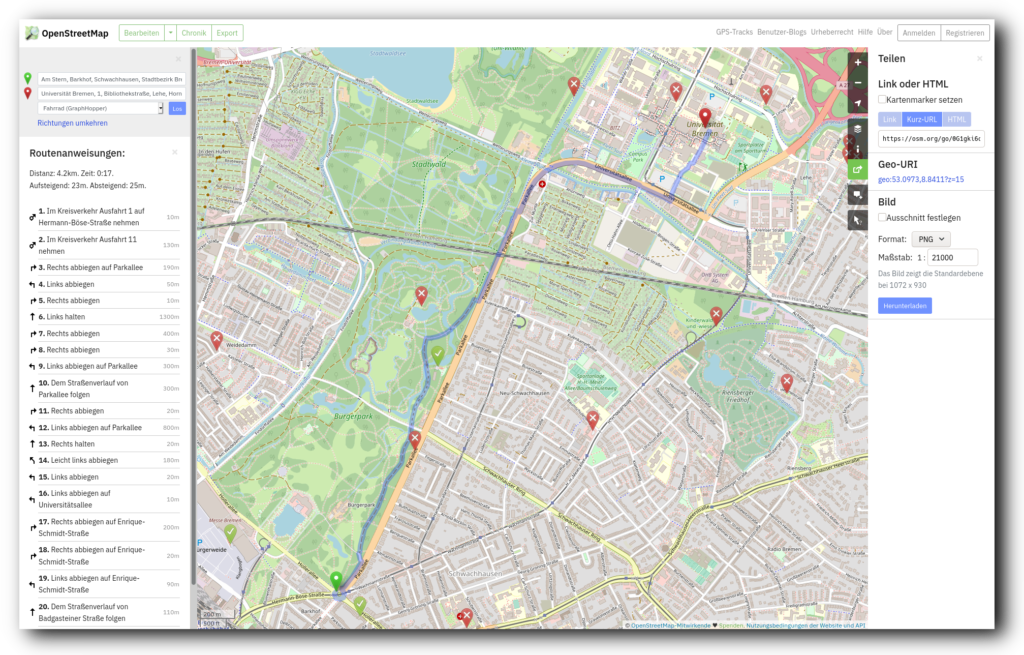 Screenshot von Openstreetmap.org mit der Radroute zwischen der Universität Bremen und "Am Stern" in Richtung der Bremer Innenstadt.