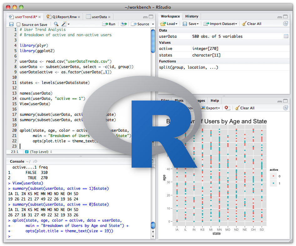 Screenshot von RStudio mit dem Logo von R im Vordergrund