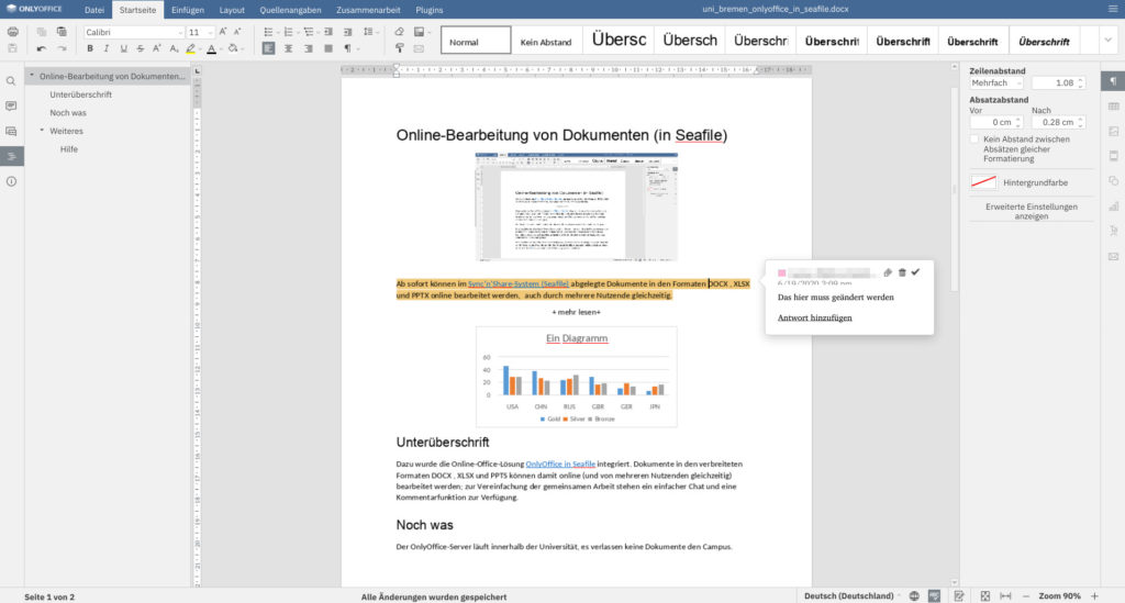 Screenshot aus dem in Seafile integrierten OnlyOffice