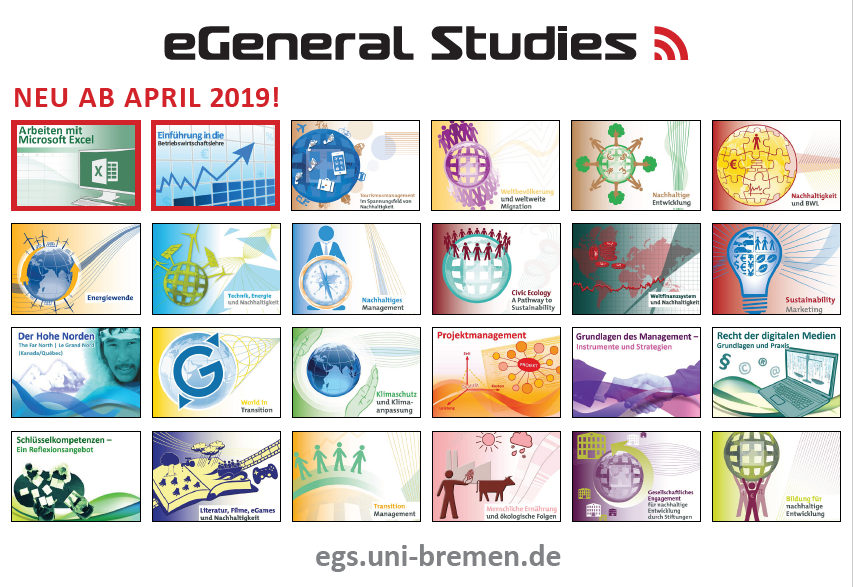 Das Bild zeigt eine Werbeanzeige für das "eGeneral Studies"-Programm, das ab April 2019 angeboten wird. Es präsentiert eine Vielzahl von Themen, die im Programm behandelt werden, darunter Nachhaltigkeit, Energie, Technologie und Management, dargestellt durch eine Collage von Bildern und Symbolen. Die Anzeige bewirbt das Programm als umfassende und zukunftsorientierte Weiterbildungsmöglichkeit.