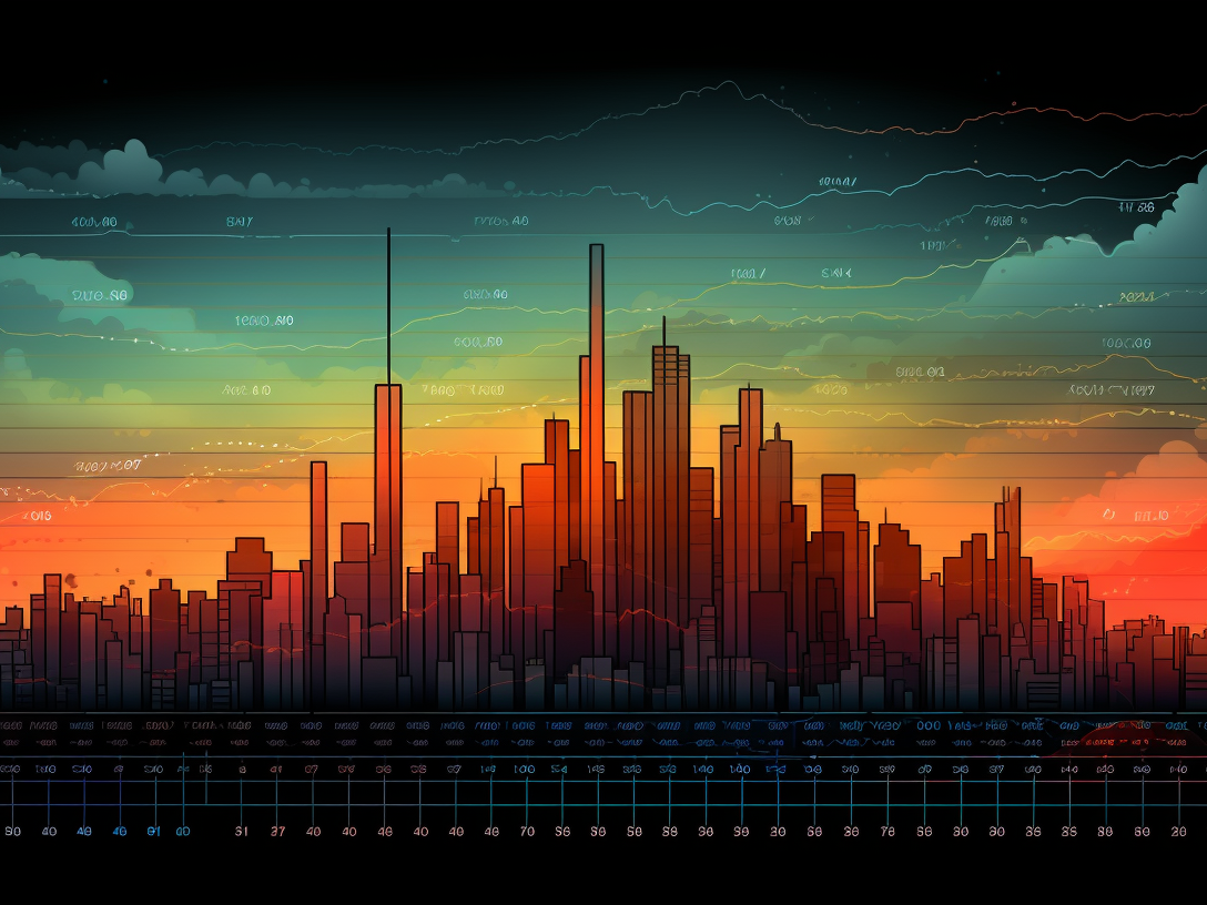 Das Bild zeigt eine stilisierte Stadt bei Sonnenuntergang mit einer grafischen Datenvisualisierung über der Skyline. Die Visualisierung besteht aus horizontalen Linien und farbigen Balken.