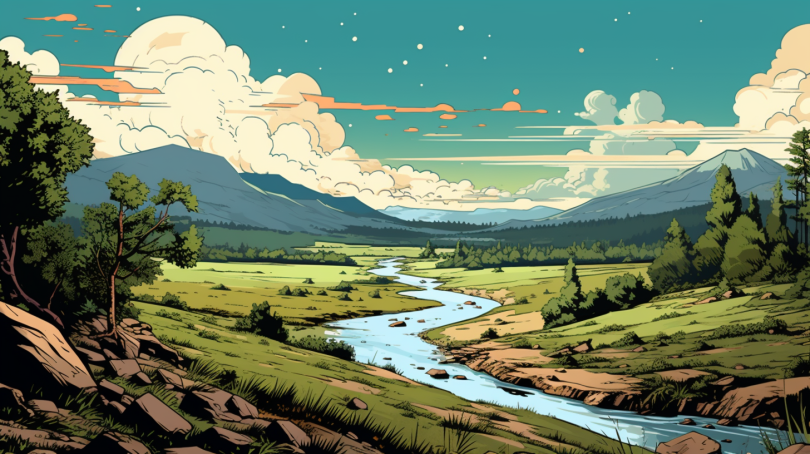 Das Bild zeigt eine idyllische Landschaft mit einem fließenden Fluss durch ein Grünland. Im Hintergrund sind Gebirge und der blaue Himmel mit Wolken zu sehen. Die Farben sind frisch und natürlich, und die Szenerie vermittelt eine ruhige und friedliche Atmosphäre.