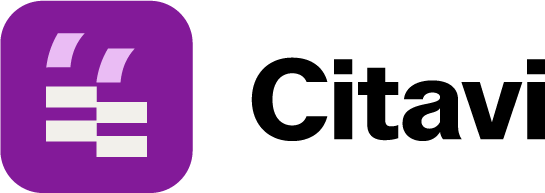 lilafarbenes, quatratisches Logo  und daneben ein "citavi"-Schriftzug
