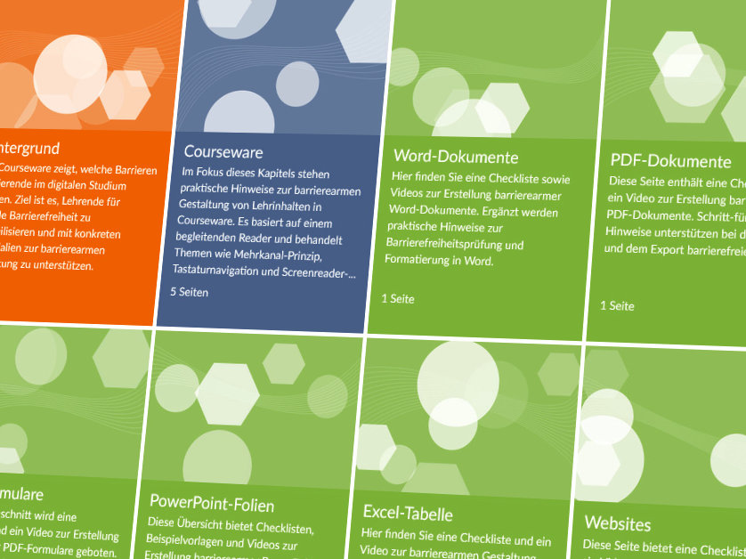 Darstellung einer Courseware-Lernseite mit dem Titel 'Barrierefreiheit'. Der Screenshot zeigt Textfelder zu verschiedenen Themen wie die Gestaltung barrierearmer Dokumente und Videos.