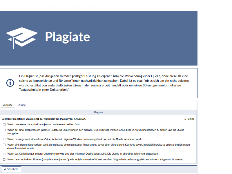 Das Bild zeigt eine Courseware Einheit zum Thema Plagiate.