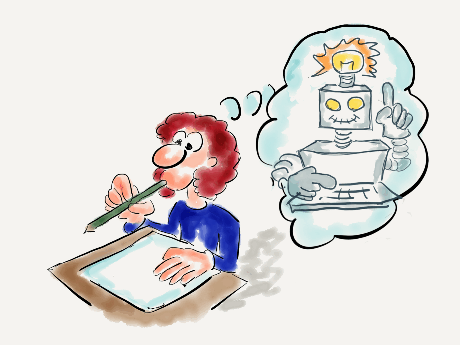 Eine gezeichnete Person sitzt am Schreibtisch und schreibt, während ein Roboter mit einer Glühbirne über dem Kopf in einer Gedankenblase erscheint. Das Bild symbolisiert kreative Ideen und die Verbindung zwischen Mensch und Technologie.