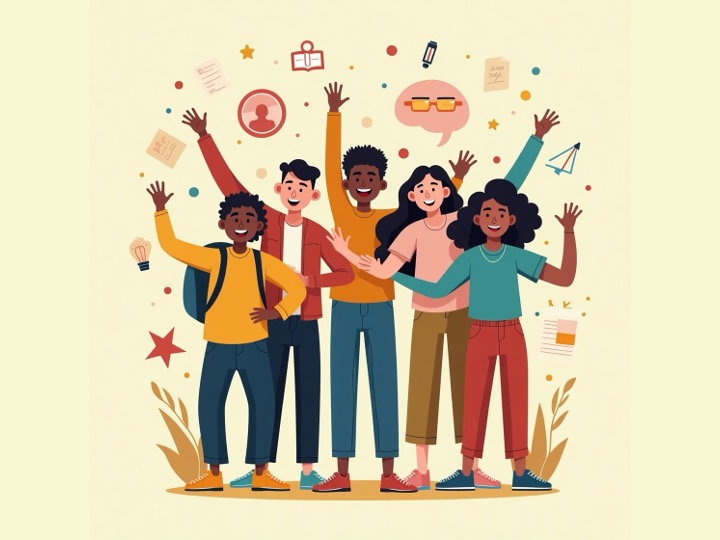 Eine Illustration von einer Gruppe junger Menschen, die jubelt und die Arme in die Luft hebt. Um sie herum fliegen Symbole für Bildung und Erfolg.