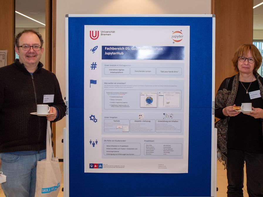 Das Bild zeigt einen Mann und eine Frau, die neben einem großen, blauen Poster für den "JupyterHub" des Fachbereichs Geo Wissenschaften der Universität Bremen stehen.