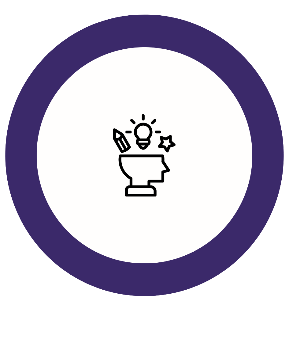 Das Bild zeigt ein dunkelblaues Kreissymbol mit einer weißen Illustration im Inneren, einen Kopf welcher verschiedene Elemente beinhaltet. Diese Darstellung symbolisiert den Prozess der Entwicklung von Prototypen und der Umsetzung von Ideen in greifbare Formen. Unter dem Symbol steht der Text "Prototypen entwickeln", der die Bedeutung des Bildes bestätigt.