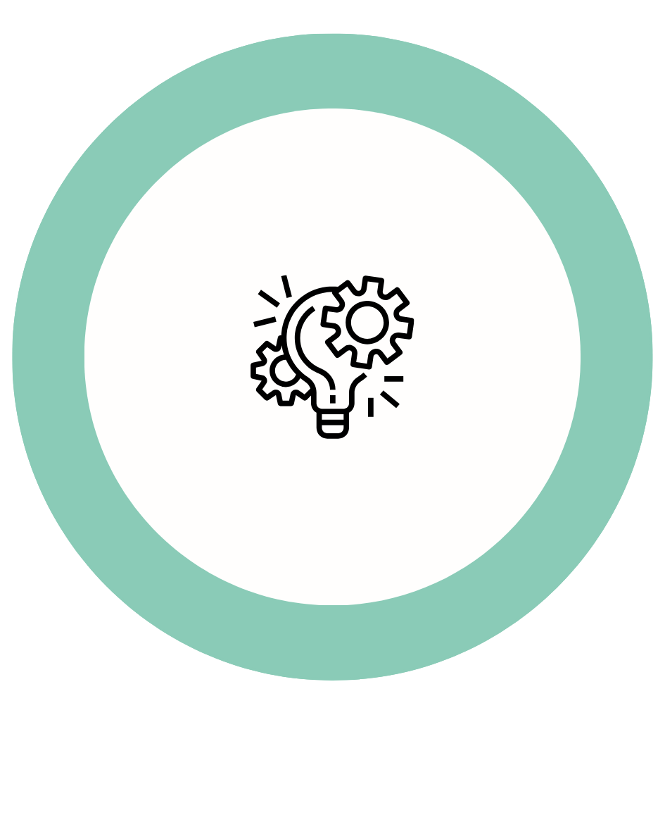 Das Bild zeigt ein hellgrünes Kreissymbol mit einer weißen Illustration im Inneren, die Zahnräder und eine Glühbirne kombiniert. Diese Darstellung symbolisiert den Prozess der Ideenfindung und des kreativen Denkens. Unter dem Symbol steht der Text "Ideen finden", der die Bedeutung des Bildes unterstreicht.