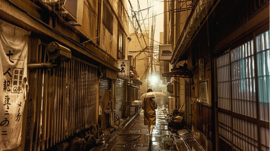 Das Bild zeigt eine feuchte, von Licht erfüllte Nacht in einer japanischen Stadt. Eine Frau mit Regenschirm geht eine schmale, düstere Gasse entlang. Im Regen brechen sich Lichter in den Pfützen, was der Szene eine ruhige und geheimnisvolle Stimmung verleiht.