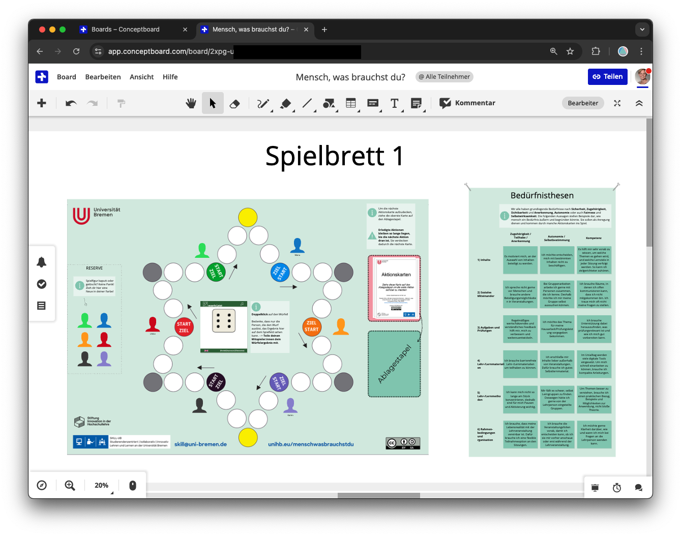 Abgebildet ist in einem Browserfenster ein sternförmig angeordnetes Spielbrett, das an Mensch ärgere dich nicht erinnert und Platz für sechs Spieler bietet. Rechts daneben liegt ein Stapel mit „Aktionskarten“, und gleich daneben sind die Bedürfnisthe­sen zu lesen.