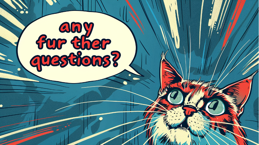 „Das Bild zeigt eine Illustration einer Katze im Comicstil mit einer Sprechblase, die die Frage ‚Any fur ther questions?‘ enthält. Die Katze ist in Rot und Weiß gehalten und steht vor einem blauen, dynamischen Hintergrund mit weißen, schwarzen und roten Linien, die von der Katze wegführen.“