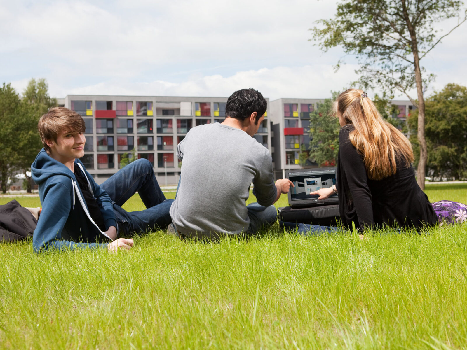 Personen im Gespräch auf einer Wiese.