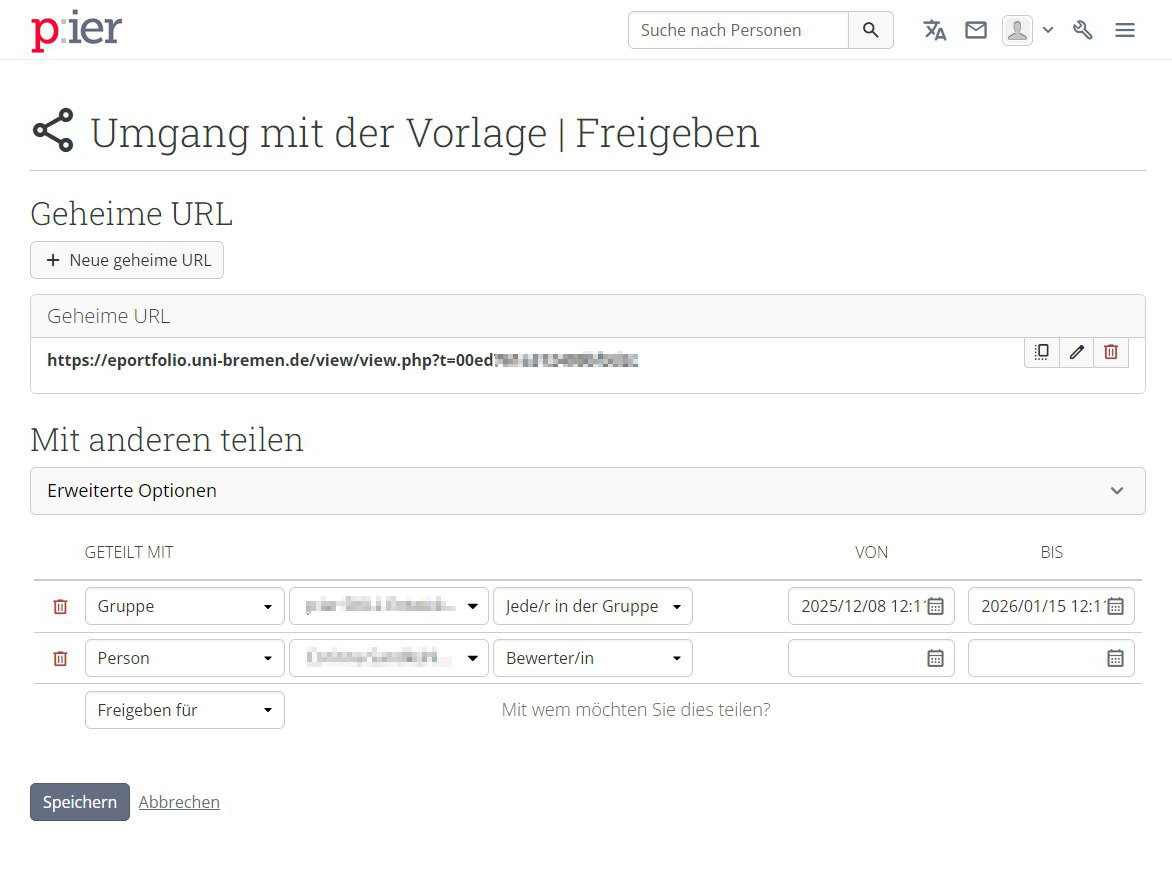 Bildschirmaufnahme der Teilen-Funktion in p:ier