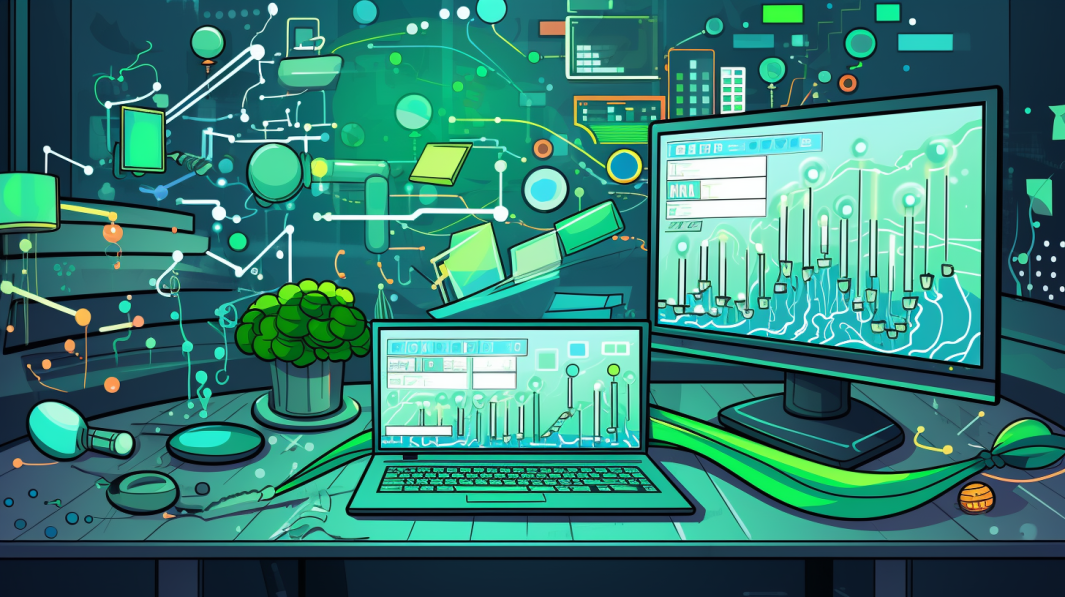 Das Bild zeigt einen modernen Arbeitsplatz mit Computer, Laptop und Pflanze. Es ist mit technischen Elementen wie Diagrammen und Linien dekoriert, die eine digitale Atmosphäre schaffen. Die Farben sind grün, blau und gelb.
