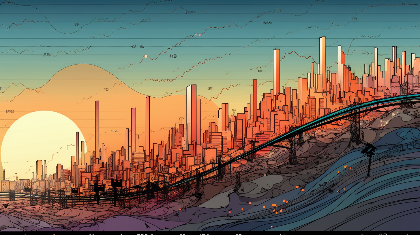 Das Bild zeigt eine stylisierte Stadtlandschaft mit einem großen Sonnenuntergang. Die Stadt ist mit orangefarbenen Gebäuden und Höhenlinien dekoriert, und es gibt eine Eisenbahn, die durch die Stadt führt. Der Himmel ist mit blauen Tiefen und sanften Wolken gestaltet. Die Farben sind warm und schaffen eine dramatische Atmosphäre.