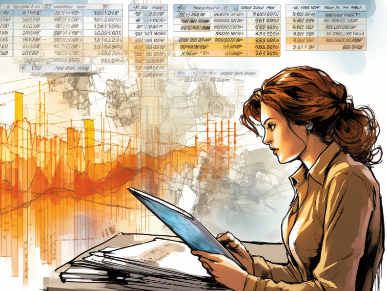 Das Bild zeigt eine Frau mit langen, roten Haaren, die auf einen Bericht blickt. Im Hintergrund sind eine stilisierte Skyline sowie eine Matrix aus Zahlen, Code und Diagrammen zu sehen. Der Stil erinnert an eine digitale Illustration mit warmen Orange- und Gelbtönen, die eine futuristische und technologische Atmosphäre vermitteln.