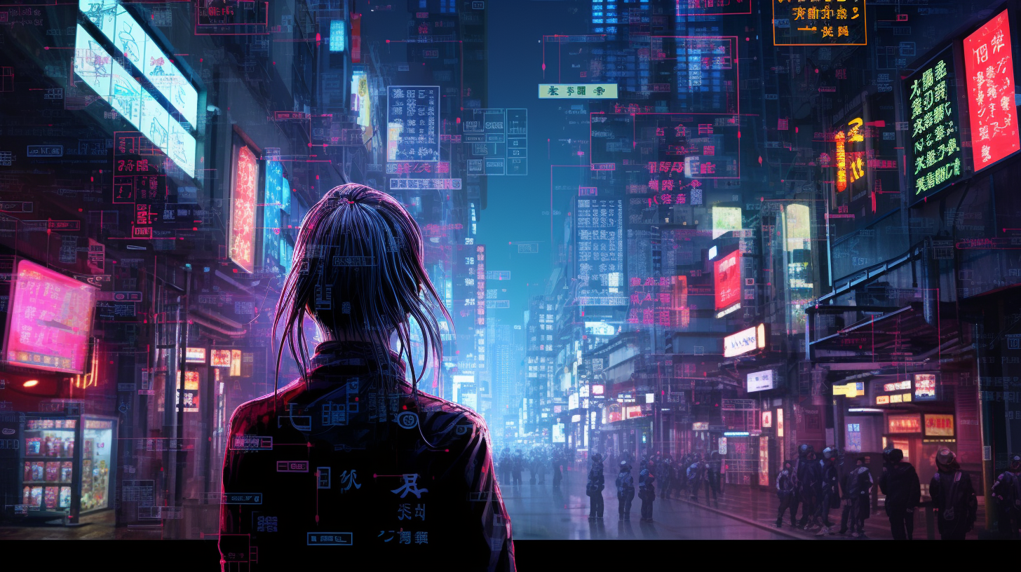 Das Bild zeigt eine futuristische Stadtlandschaft mit einem Hintergrund, der von hellen und dunklen Farben geprägt ist. Eine Frau mit langen Haaren steht im Vordergrund. Die Straße ist mit leuchtenden Werbungen und digitalen Überlagerungen dekoriert, die eine künstlerische und cyberpunk-ähnliche Atmosphäre schaffen. Die Szenerie ist detailliert mit vielen Farben und Lichteffekten gestaltet.